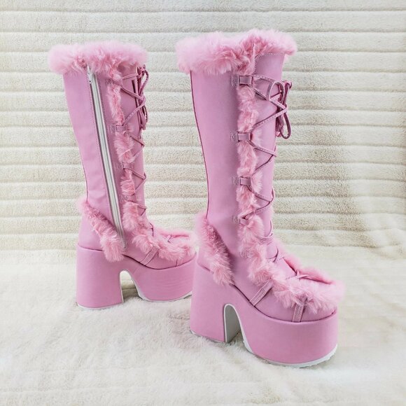 Camel 311 Baby Pink Furry Goth Punk Platform Knee Boots - Picture 4 of 10